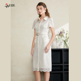 司歌蕾丝收腰翻领短袖腰带连衣裙A911117X