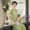 2025夏款棉质绿色复古改良V领奥黛新中式旗袍QMR 商品缩略图2