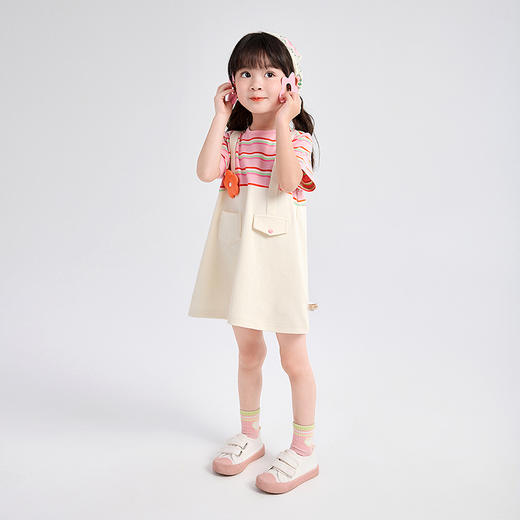 笛莎Deesha 童装女童条纹撞色假两件A摆背带连衣裙 商品图5