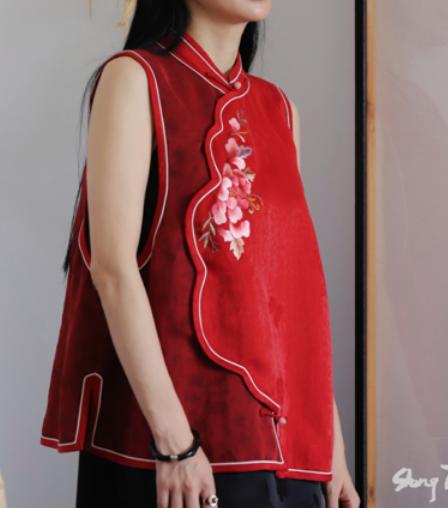 盛唐牡丹|香云纱手绣花瓣马甲 商品图0