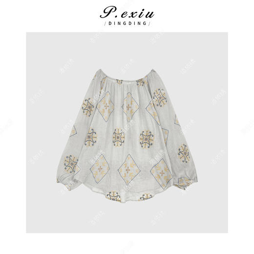 PanYiXiu/潘依绣【茉莉雨】100%苎麻法式刺绣一字领长袖衬衫M8801 商品图2