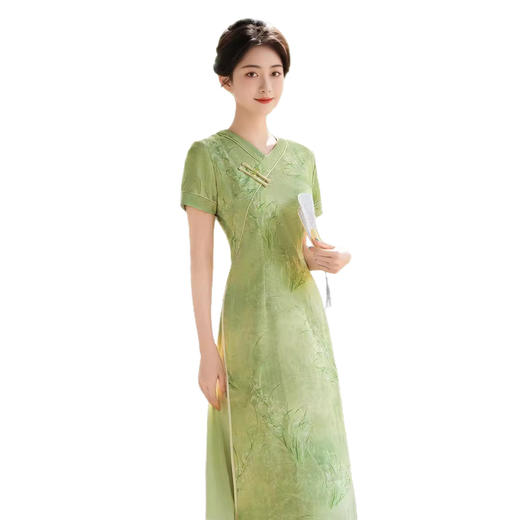 2025夏款棉质绿色复古改良V领奥黛新中式旗袍QMR 商品图4