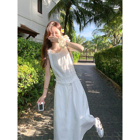 <曾小咸推荐>韩版白色过膝无袖腰带连衣裙