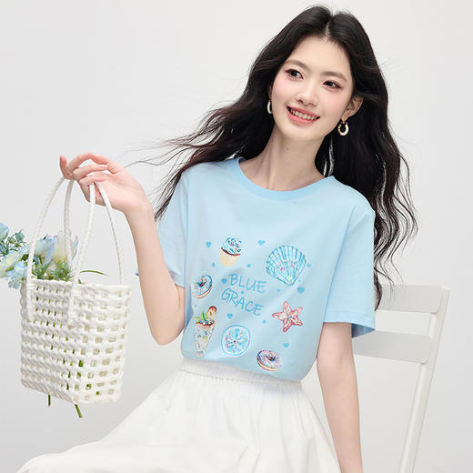 【专属特价】熙世界趣味印花T恤女短袖2025夏季新款休闲圆领小个子体恤上衣ins 商品图3