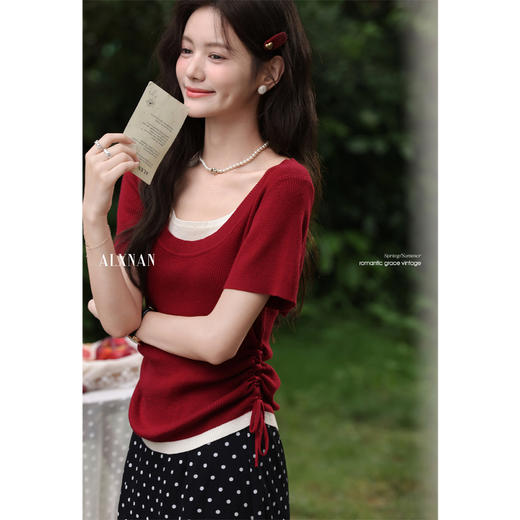 鹿向南「绯红絮语」红色假两件拼接修身显瘦T恤上衣女夏日常百搭 商品图1