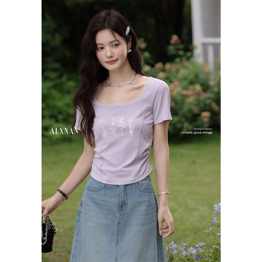 鹿向南「若影花现」气质方领紫色修身正肩短袖女t恤夏季独特上衣L56052 商品图1