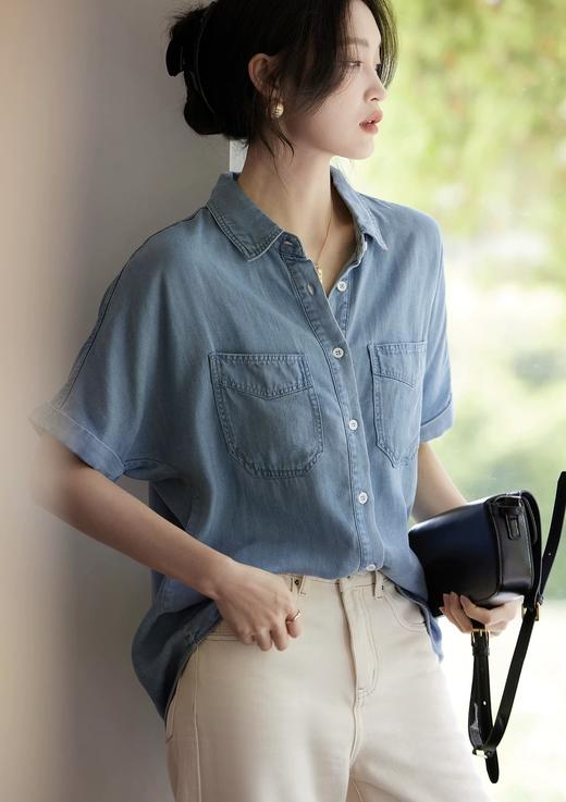 夏日港风100天丝软牛仔短袖衬衫 商品图2