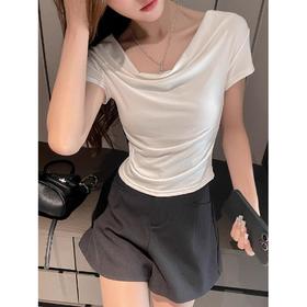 【第二件仅20元】一衣多穿  严选纯色高级感法式荡领一字肩短袖t恤女夏季休闲露肩气质上衣
