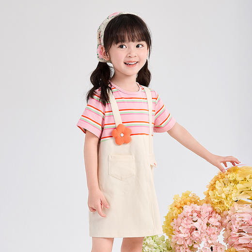 笛莎Deesha 童装女童条纹撞色假两件A摆背带连衣裙 商品图1