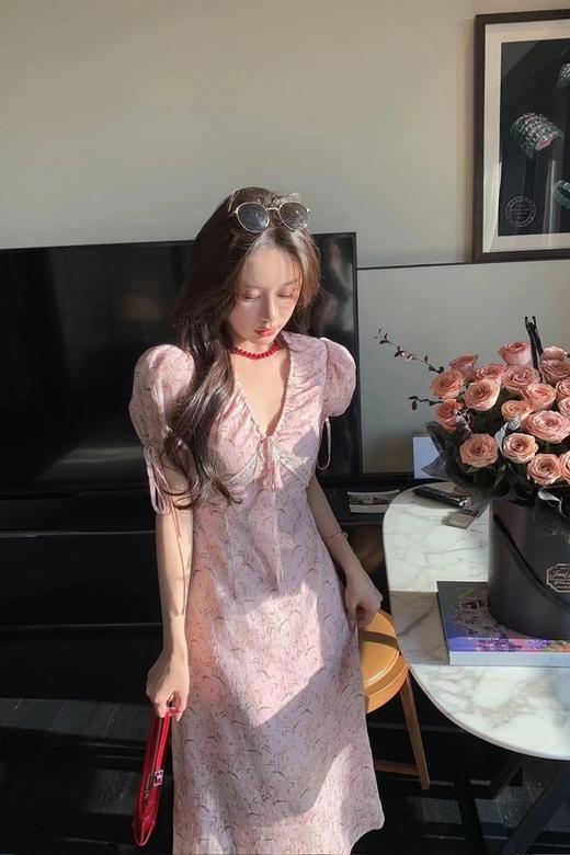 ANSUABEL 韩系粉色V领印花连衣裙 20504 商品图4