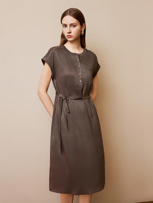 【亚麻+桑蚕丝系带连衣裙】25年夏季新款女士圆领短袖中长款收腰连衣裙 商品图1