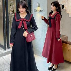 双十二福利!【诗铭洛可】XCX192连衣裙撞色长袖系领结长裙