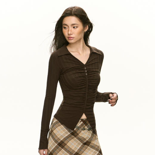 Ariseism 美式复古设计感翻领长袖T恤女春季新款修身上衣打底衫 商品图2