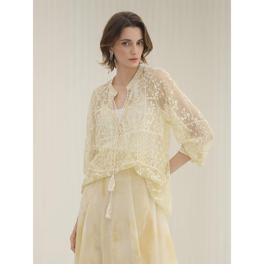 COCOBELLA万针刺绣炒色衬衫女微透视流苏上衣吊带套装SR0075 商品图1