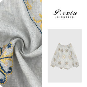 PanYiXiu/潘依绣【茉莉雨】100%苎麻法式刺绣一字领长袖衬衫M8801