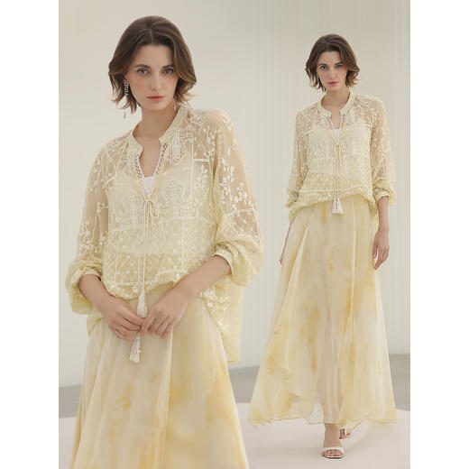 COCOBELLA万针刺绣炒色衬衫女微透视流苏上衣吊带套装SR0075 商品图3