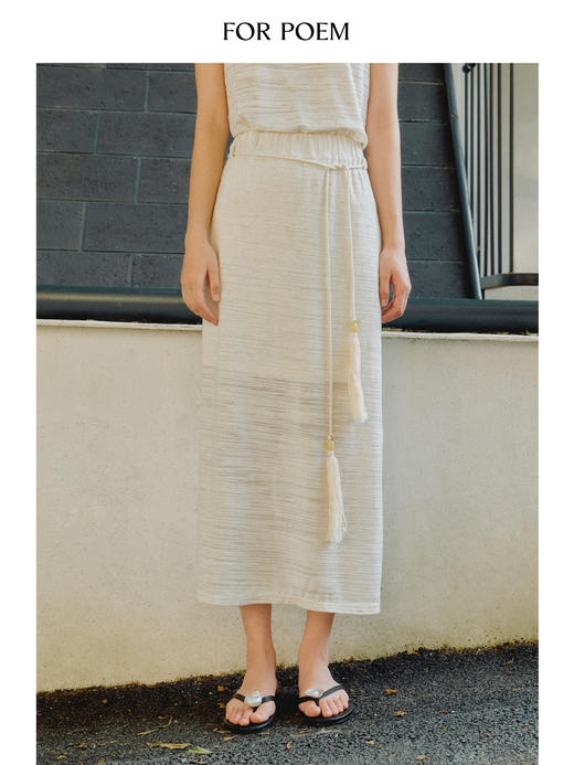 ForPoem 现货 25/SS原创设计亚麻肌理橡筋腰头串珠绑带半身中长裙 商品图0