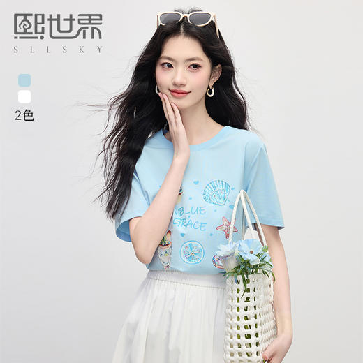 【专属特价】熙世界趣味印花T恤女短袖2025夏季新款休闲圆领小个子体恤上衣ins 商品图0