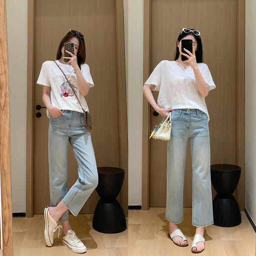 春夏新款！2025 面膜法棍裤!清风蓝薄软四面弹九分毛边直筒牛仔裤！ 商品图1