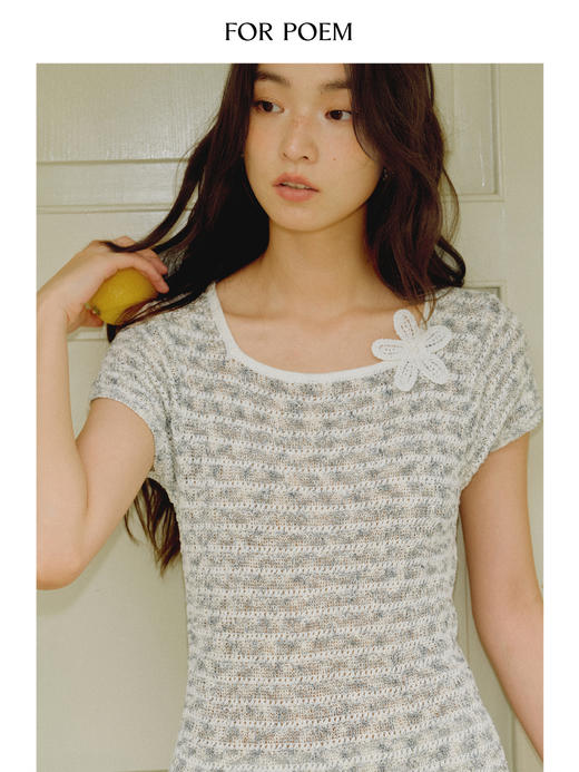 ForPoem 现货 25/SS原创设计棉混纺花纱针织收腰弹力方领花朵连衣裙 商品图2