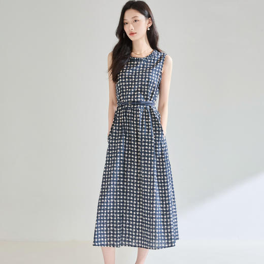 「高货sh」全新升级【铂金会员257/天猫339/差价82】(05929)洛诗琳2025夏季格纹印花棉质无袖收腰显瘦气质通勤连衣裙 商品图1