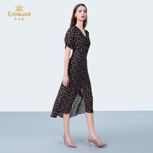 乔万尼新品浪漫法式V领前开叉碎花100%真丝连衣裙ED2E517 商品图2