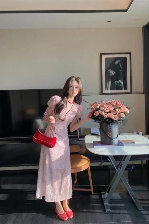 ANSUABEL 韩系粉色V领印花连衣裙 20504 商品图5