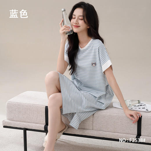 雀说纯棉睡裙女夏季短袖中长裙休闲条纹家居服女新款薄款可外穿睡衣女AL2538 商品图6