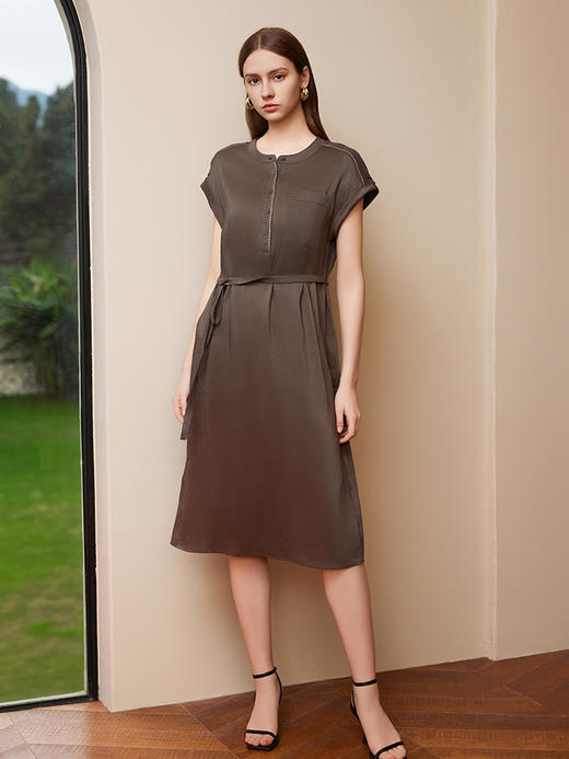 【亚麻+桑蚕丝系带连衣裙】25年夏季新款女士圆领短袖中长款收腰连衣裙 商品图2