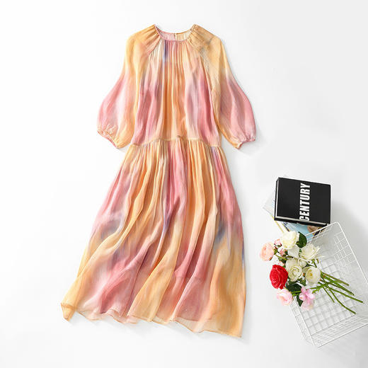 丁摩新品女装减龄飘逸款两件套彩虹晕染亮丝真丝连衣裙AL75005 商品图4