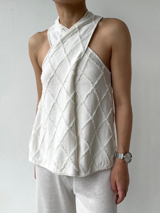 ZAANLI｜ZNSS25013 蝴蝶纱菱格交叉挂脖针织背心 [ 白 ] 商品图0