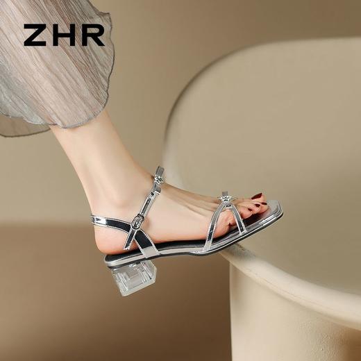 ZHR则则高级感银色蝴蝶结凉鞋法式一字带凉鞋款水晶粗跟凉鞋仙女 商品图2