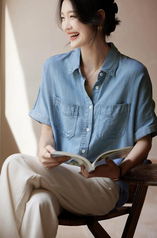 夏日港风100天丝软牛仔短袖衬衫 商品图0