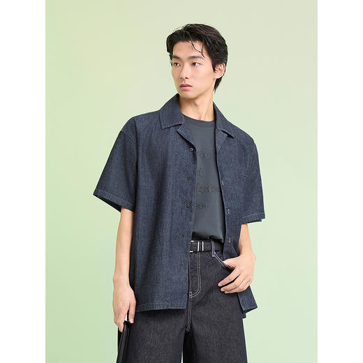 GXG男装 轻水洗短袖衬衫古巴领牛仔衬衣度假风上衣 2025夏季热卖 商品图4