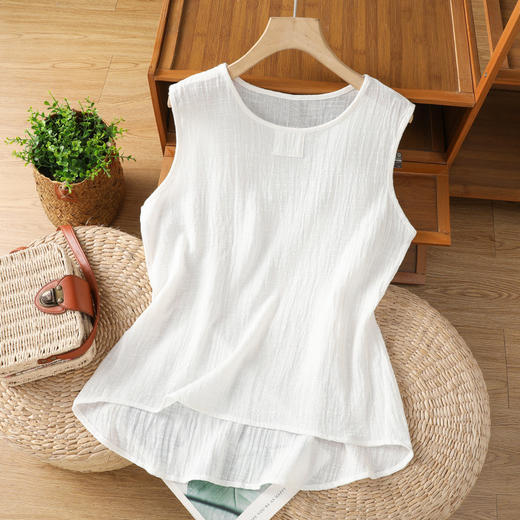 TZW-复古压皱棉麻背心女宽松拼接内搭T恤 商品图7