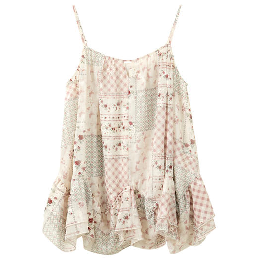 三彩独醒2025夏季新款无袖一字领吊带印花绣花荷叶边上衣小衫F 商品图4