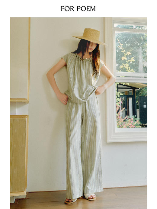 ForPoem 现货 25/SS原创设计棉麻条纹串珠橡筋腰头休闲宽松长裤 商品图2