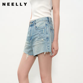 NEELLY纳俪商场同款夏新款个性水洗毛边牛仔短裤女百搭显瘦阔腿裤N25051H01125