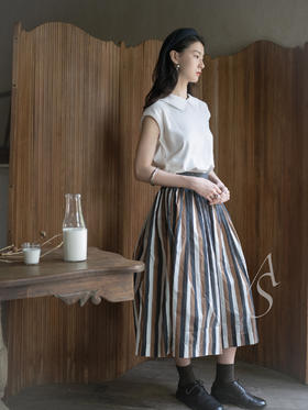 Casey Casey 黑茶条纹塔夫绸褶皱半裙