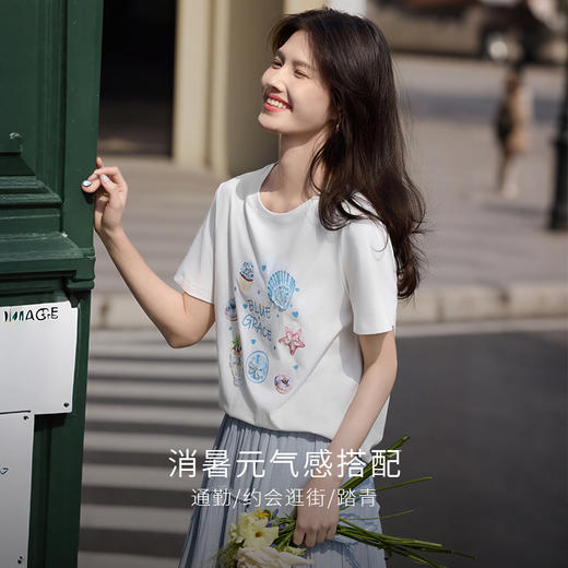 【专属特价】熙世界趣味印花T恤女短袖2025夏季新款休闲圆领小个子体恤上衣ins 商品图1