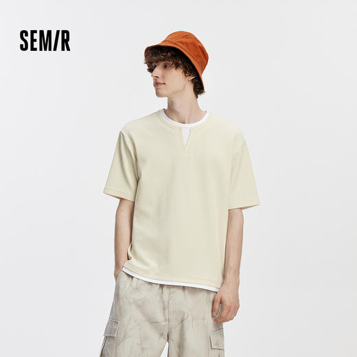 [商场同款]森马短袖T恤男V领假两件上衣华夫格2025新款秋装拼色潮 商品图1