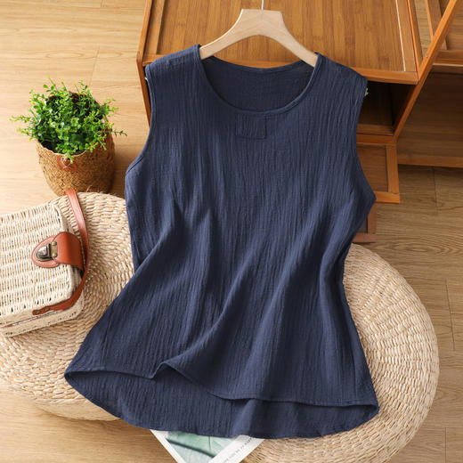 TZW-复古压皱棉麻背心女宽松拼接内搭T恤 商品图5