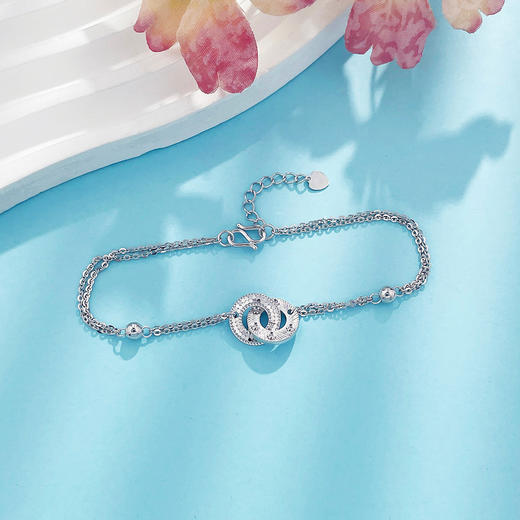 【限时8.8折】【线上铂金馆】PT950 #清新 铂金实心双层调节环环相扣鱼鳞仿钻几何双环手链(PTSL00077)预售产品下单后不退款不退货不换货不补差价) 商品图1