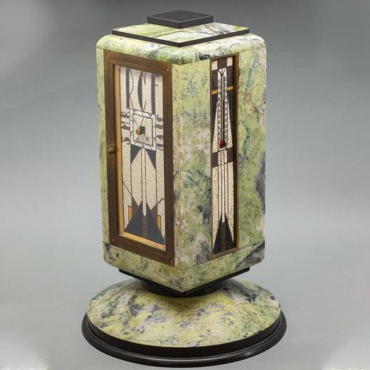 独角鹿西洋古董瑞士珠宝钟表世家古柏林Gübelin签名出品装饰艺术风格绿色玛瑙嵌黄铜及珐琅四面座钟 商品图1