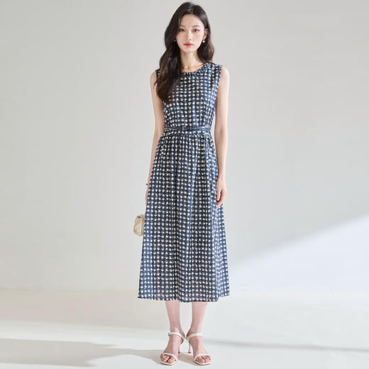 「高货sh」全新升级【铂金会员257/天猫339/差价82】(05929)洛诗琳2025夏季格纹印花棉质无袖收腰显瘦气质通勤连衣裙 商品图3