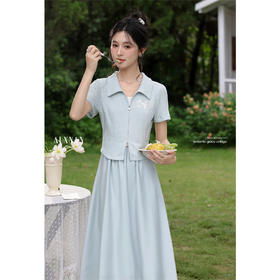 鹿向南「慵懒假日」蓝色假两件短袖连衣裙夏季新款气质时尚长裙女