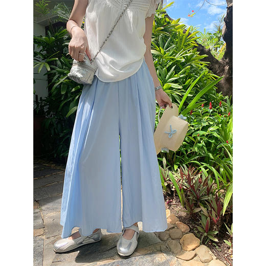 <曾小咸推荐>蓝色阔腿休闲裤白色娃娃衫衬衫 商品图0