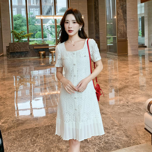 奢姿大码女装2025夏季气质方领镂空连衣裙胖妹妹小香风百褶仔裙子9952869755 商品图4