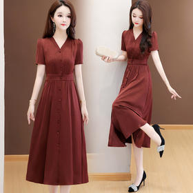 气质V领长款，洋气修身优雅时尚妈妈裙子QYM-XQD54B2570