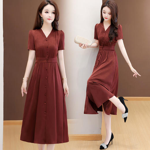 气质V领长款，洋气修身优雅时尚妈妈裙子QYM-XQD54B2570 商品图0